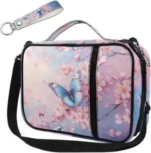 Blue Butterfly Graphic Bible Covers for Girls Casual Lightweight Church Bag Bible Carrying Case for Women with Shoulder Strap Kids Waterproof Bible Crossbody Bag with Leather Keychain