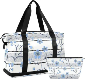 Blue Leaves and Stripes Versatile Sports Travel Bag - Lasting Twill Tote, Removable Wheel & Rod Bagging, Multi-pocket Design, Complimentary Makeup Bag