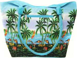 Blue Water Resistant Beach Palm Tree Canvas Tote Bag with Wood Balls Zipper Closure 21 x 15 x 6