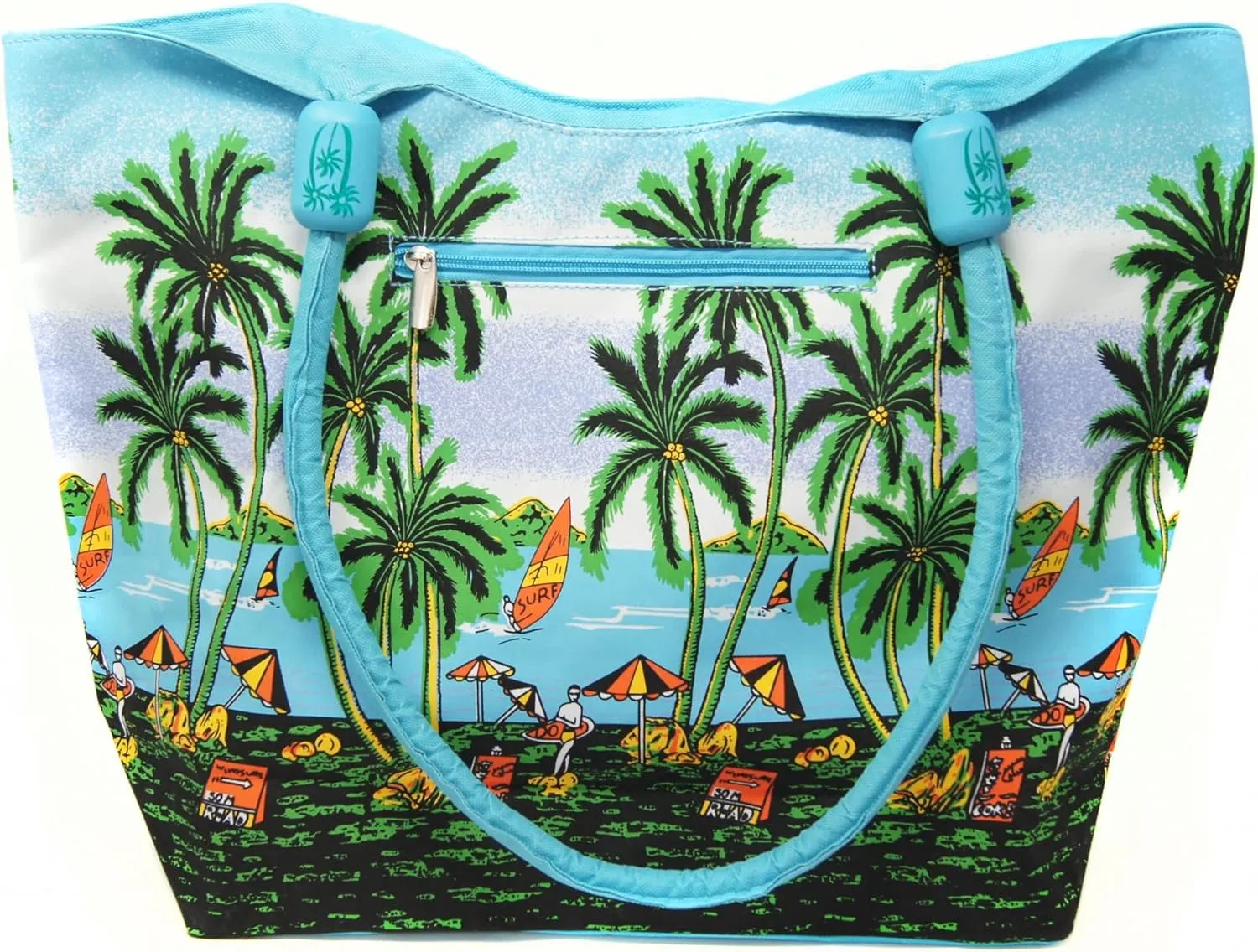 Blue Water Resistant Beach Palm Tree Canvas Tote Bag with Wood Balls Zipper Closure 21 x 15 x 6