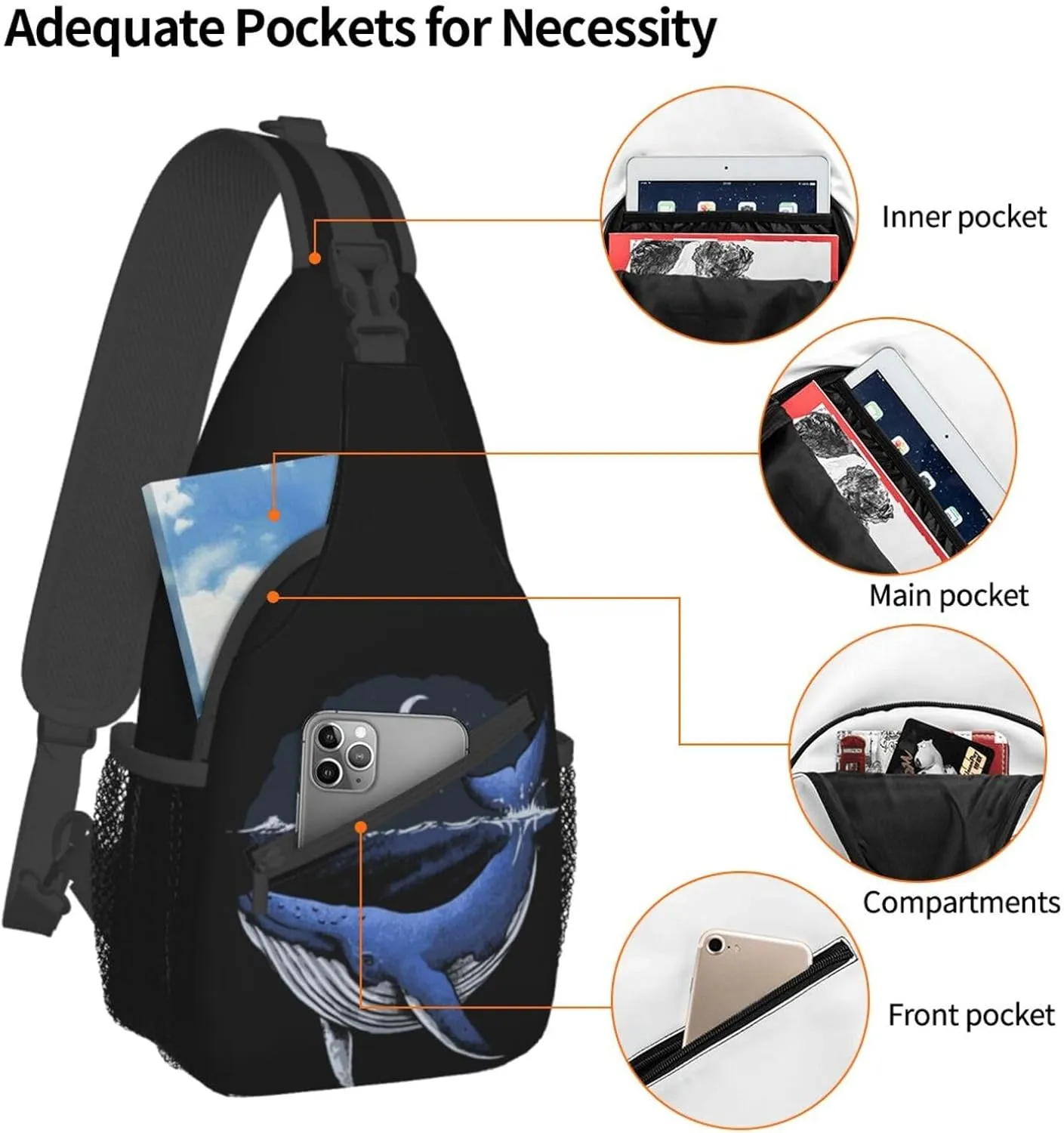 Blue Whale Ocean Small Sling Bag for Men Women Crossbody Sling Backpack Cycling Hiking Daypack Shoulder Chest Bag with Adjustable Strap