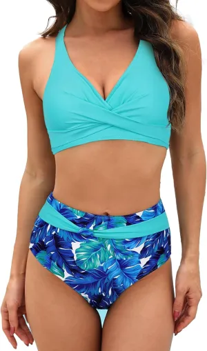 Bluetime Women Front Cross Swimsuit 2 Piece High Waisted Bikini Tummy Control Printing Push Up Bathing Suits