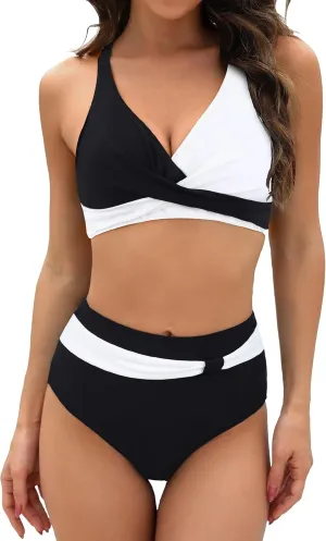 Bluetime Women Front Cross Swimsuit 2 Piece High Waisted Bikini Tummy Control Printing Push Up Bathing Suits