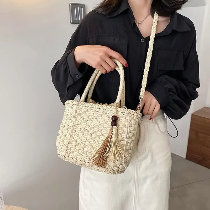 Bohemia Rattan Large Capacity Tote Bags Women Tassel Woven Handbag Beach Basket Shoulder Bag