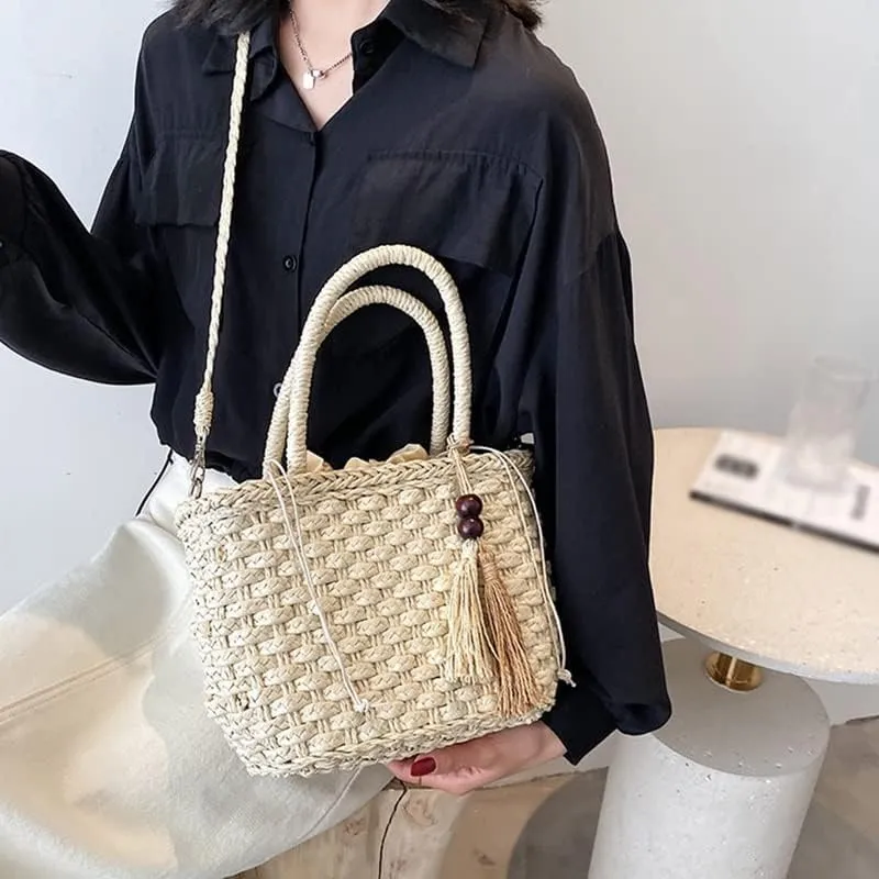 Bohemia Rattan Large Capacity Tote Bags Women Tassel Woven Handbag Beach Basket Shoulder Bag