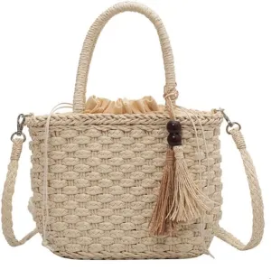 Bohemia Rattan Large Capacity Tote Bags Women Tassel Woven Handbag Beach Basket Shoulder Bag
