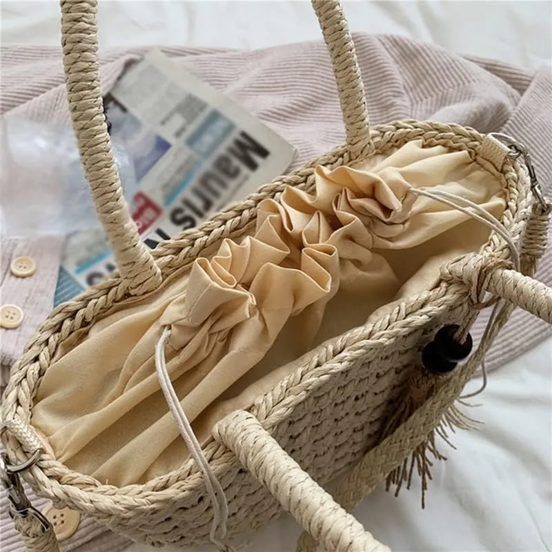 Bohemia Rattan Large Capacity Tote Bags Women Tassel Woven Handbag Beach Basket Shoulder Bag