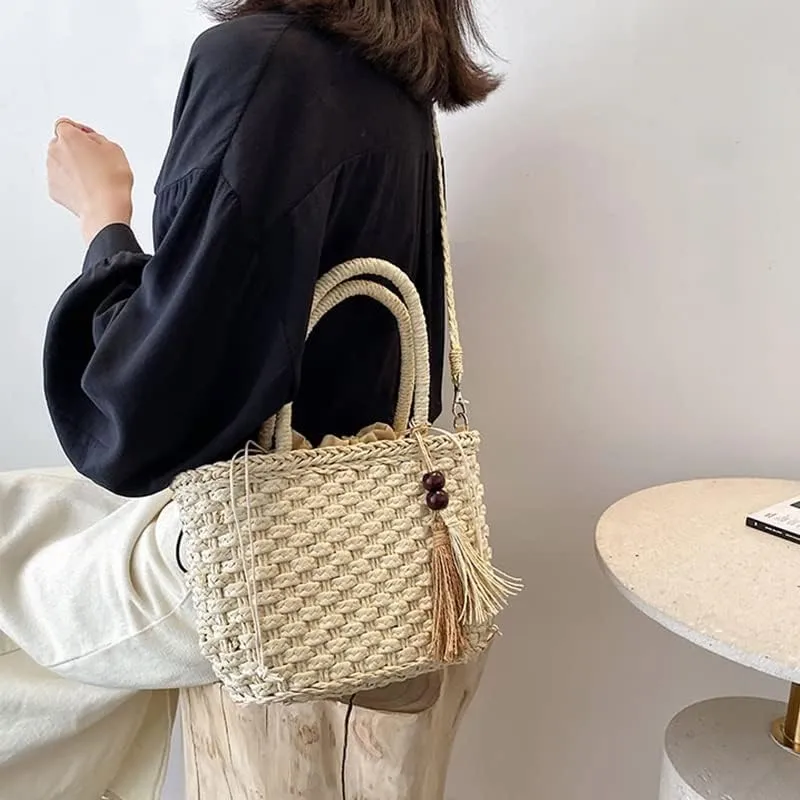 Bohemia Rattan Large Capacity Tote Bags Women Tassel Woven Handbag Beach Basket Shoulder Bag