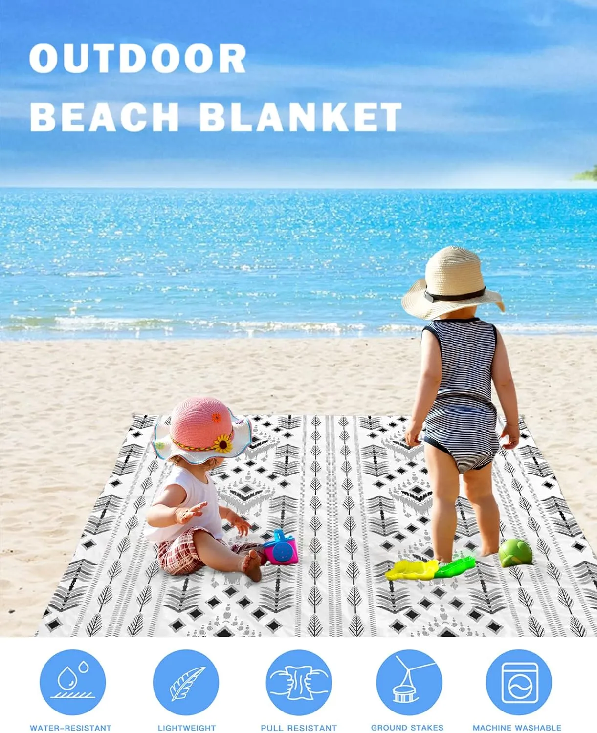 Boho Indian Beach Blanket Large with Stakes Waterproof Sandproof Beach Mat with Corner Pockets for Outdoor Travel Camping Hiking Picnic Essentials,Black White Modern Minimalist Stripes 83"x79"