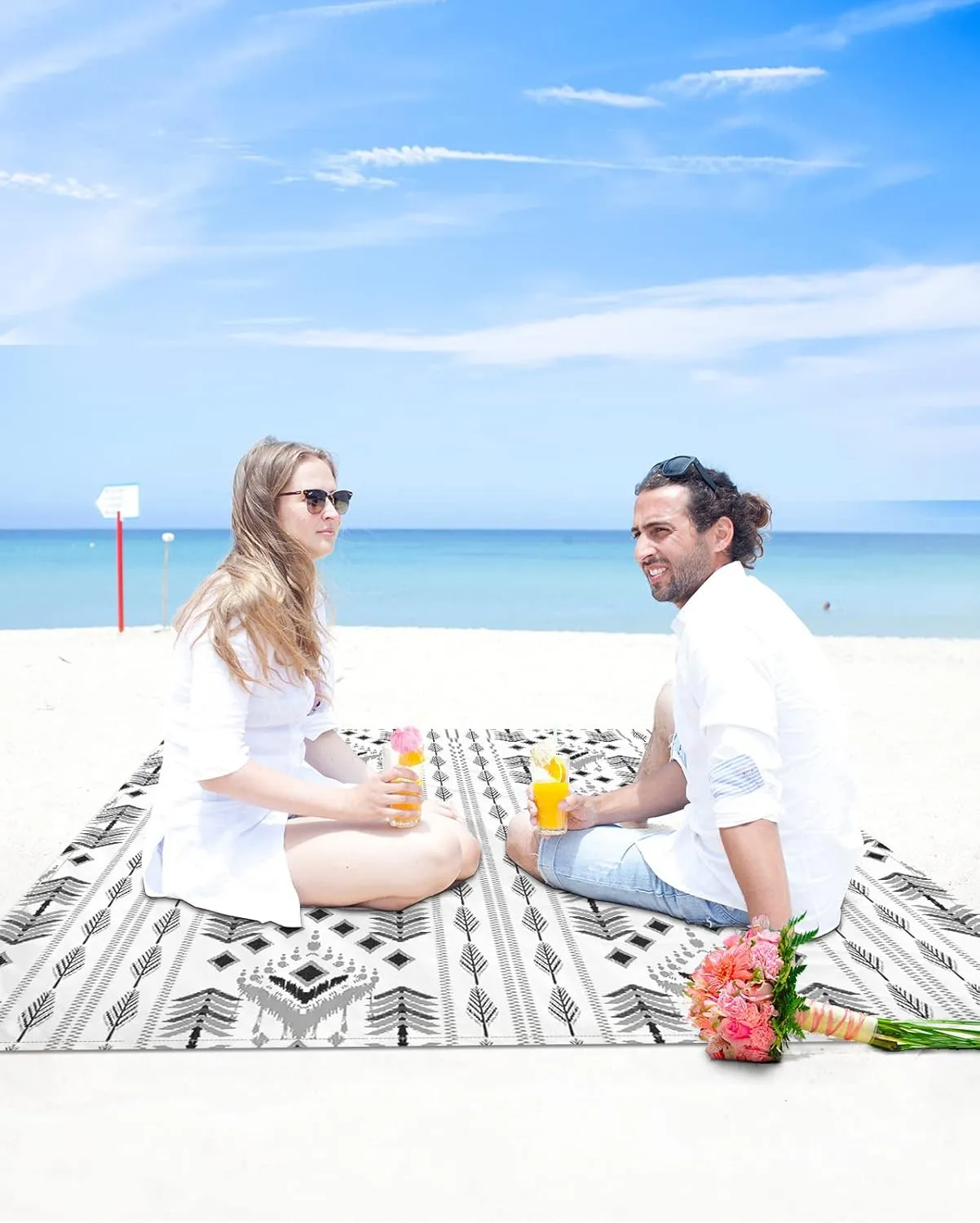 Boho Indian Beach Blanket Large with Stakes Waterproof Sandproof Beach Mat with Corner Pockets for Outdoor Travel Camping Hiking Picnic Essentials,Black White Modern Minimalist Stripes 83"x79"