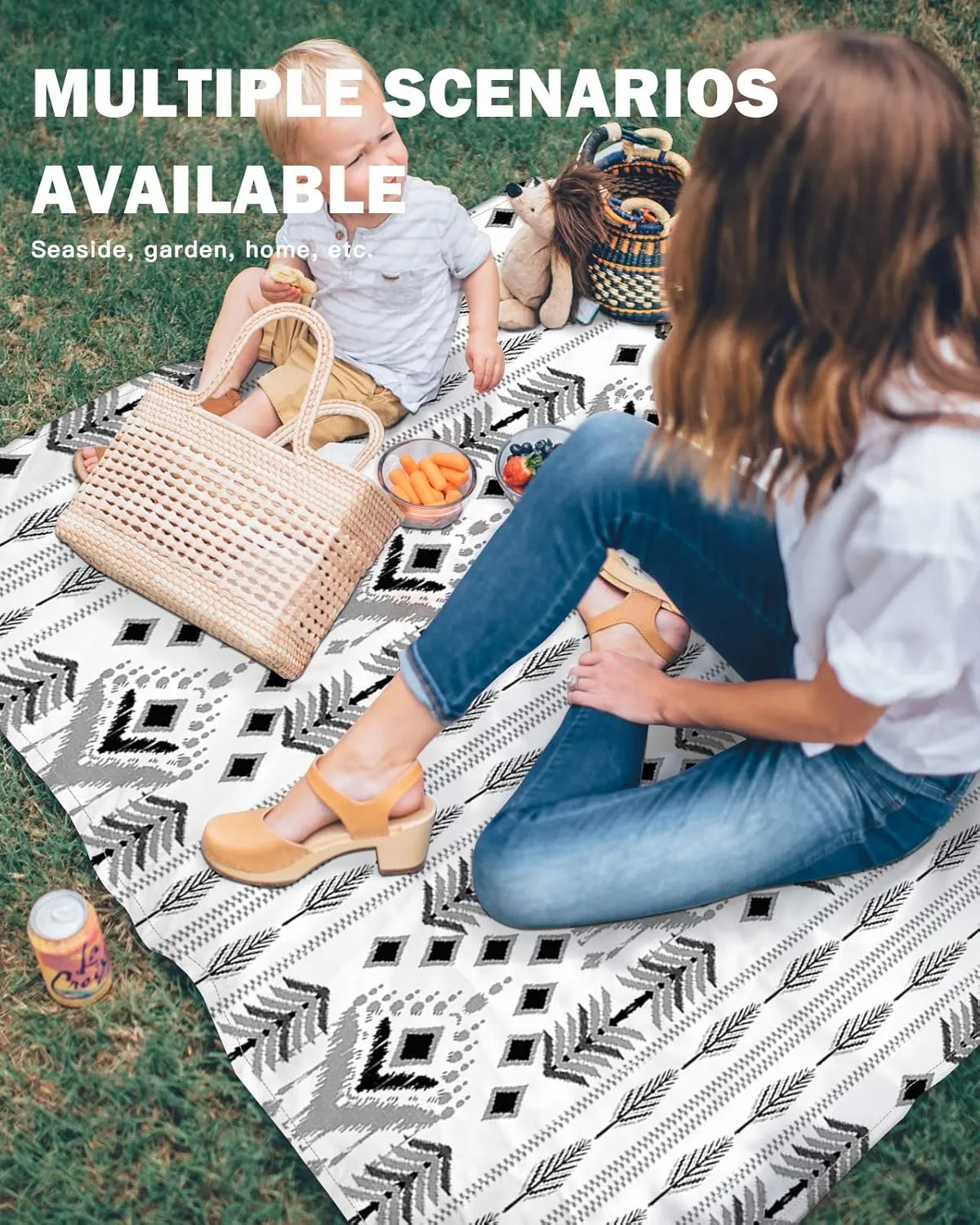 Boho Indian Beach Blanket Large with Stakes Waterproof Sandproof Beach Mat with Corner Pockets for Outdoor Travel Camping Hiking Picnic Essentials,Black White Modern Minimalist Stripes 83"x79"