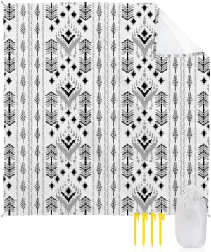 Boho Indian Beach Blanket Large with Stakes Waterproof Sandproof Beach Mat with Corner Pockets for Outdoor Travel Camping Hiking Picnic Essentials,Black White Modern Minimalist Stripes 83"x79"