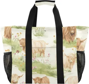 Bolaz Travel Tote Bag，Gym Bag for Men,Waterproof Beach Bag for Women Foldable Reusable-Highland Cattle Meadow Pattern