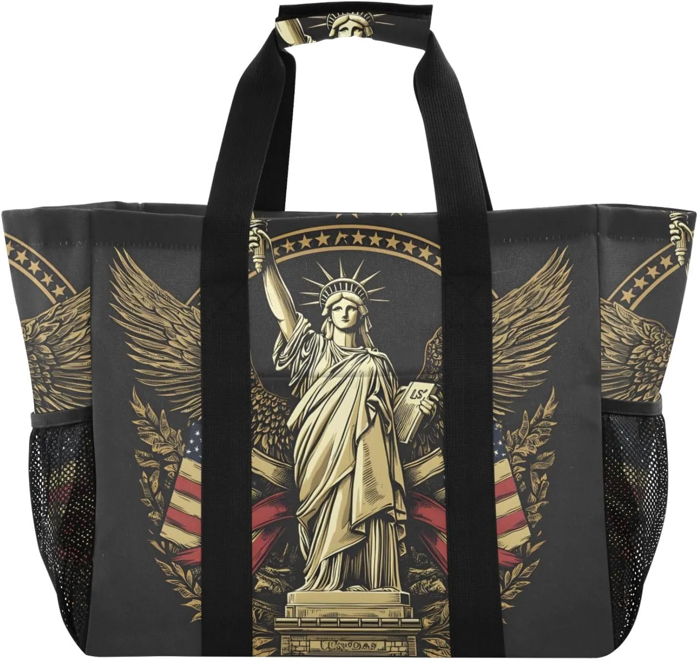 Bolaz Travel Tote Bag，Gym Bag for Men,Waterproof Beach Bag for Women Foldable Reusable-Statue Of Liberty Wings American Flag Icon