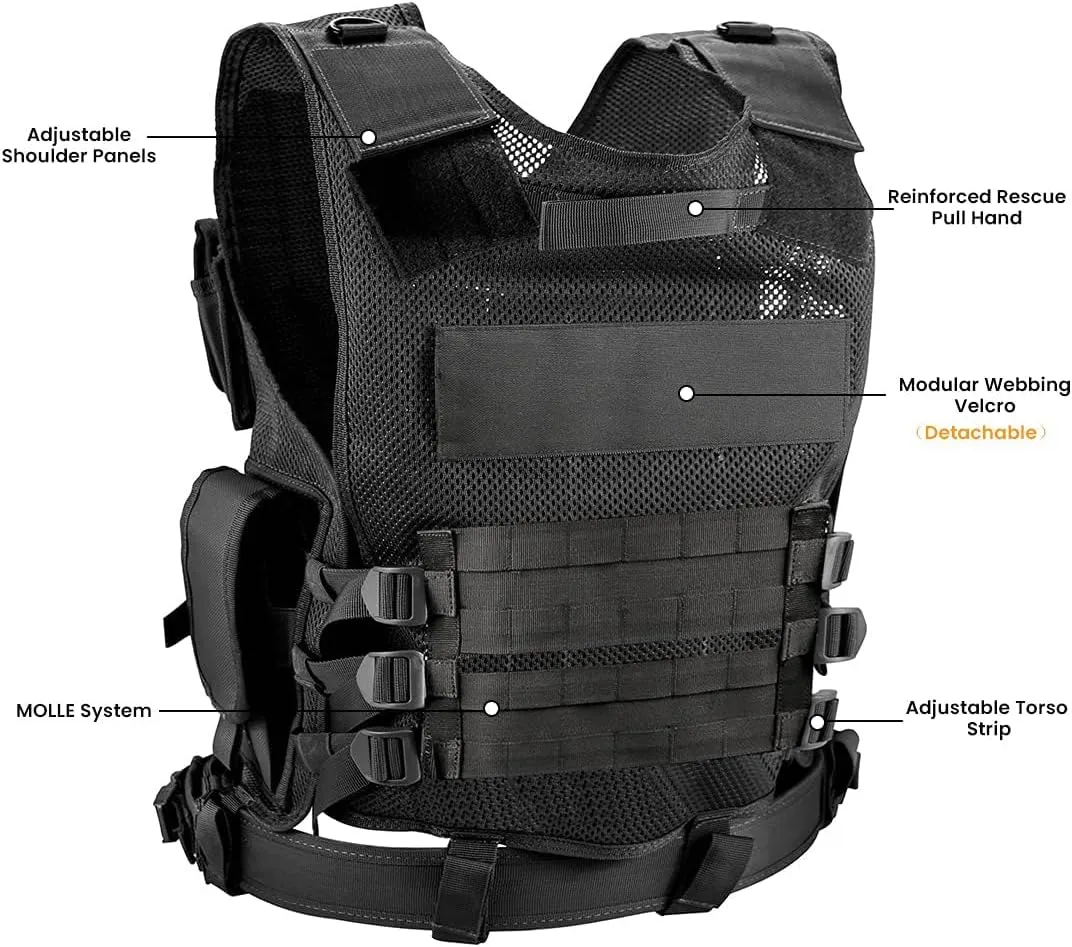 BOMTURN Tactical Vest Outdoor Ultra-Light Breathable Durable Mesh Airsoft Vest Adjustable Detachable Belt & Holster