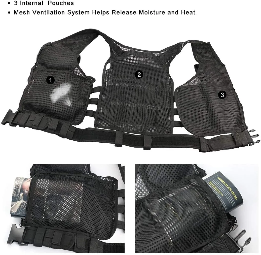 BOMTURN Tactical Vest Outdoor Ultra-Light Breathable Durable Mesh Airsoft Vest Adjustable Detachable Belt & Holster
