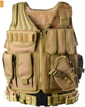BOMTURN Tactical Vest Outdoor Ultra-Light Breathable Durable Mesh Airsoft Vest Adjustable Detachable Belt & Holster