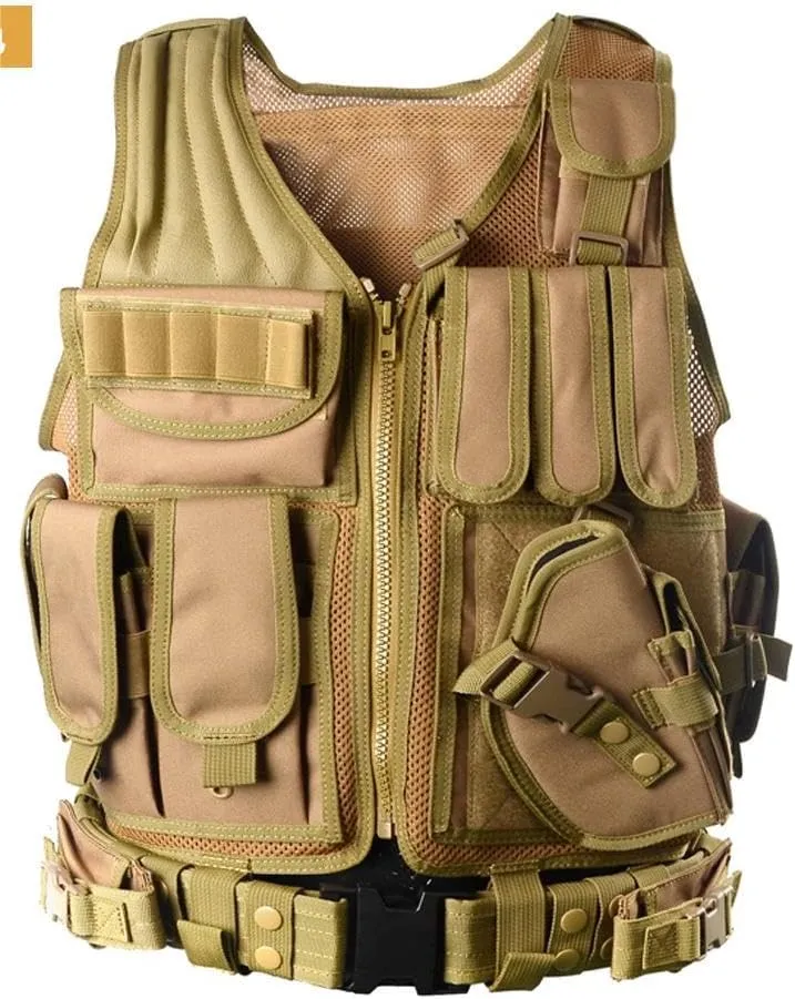 BOMTURN Tactical Vest Outdoor Ultra-Light Breathable Durable Mesh Airsoft Vest Adjustable Detachable Belt & Holster