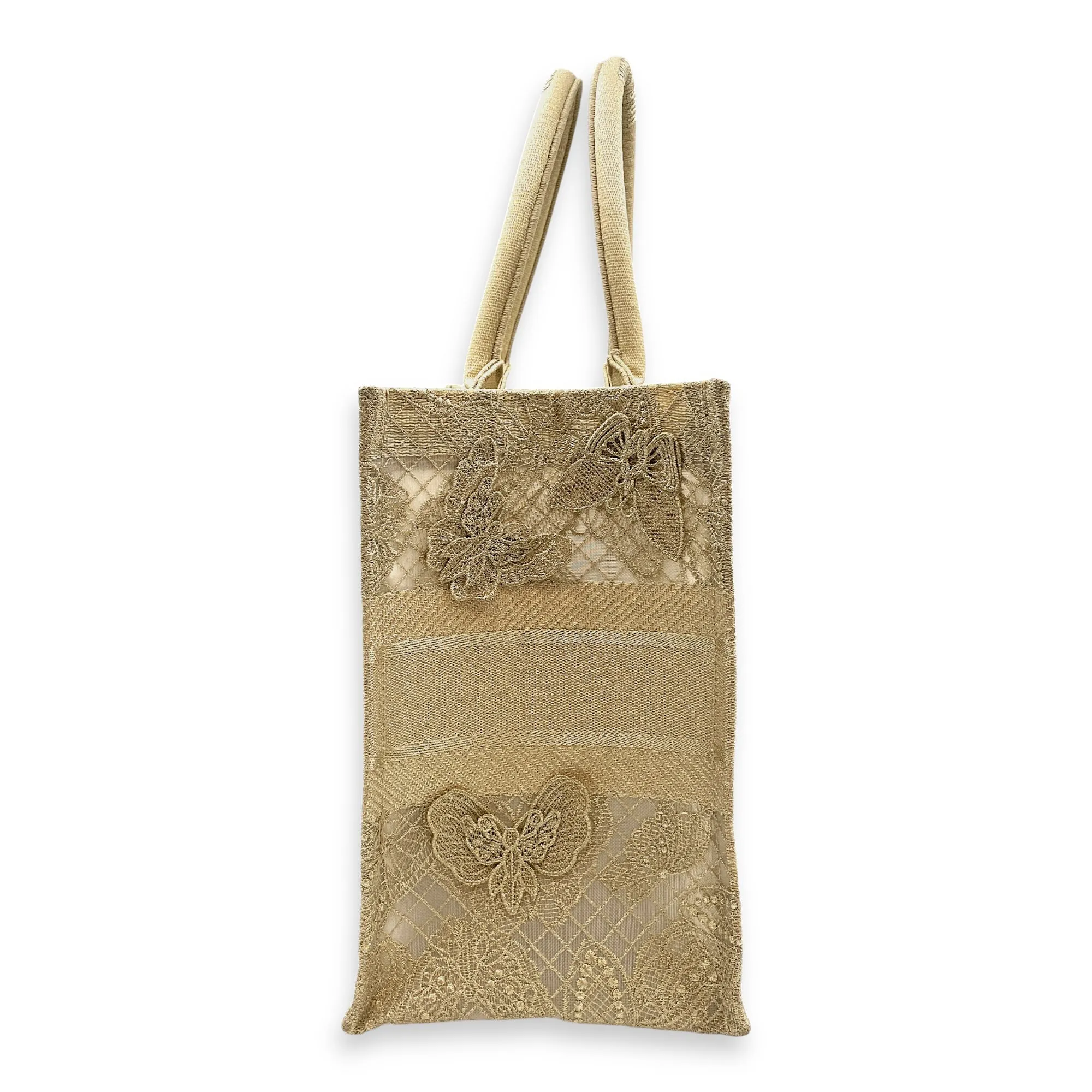 Book Tote - Butterfly Embroidery Medium Gold Top Handle Bag in Lace, Embroidered Mesh