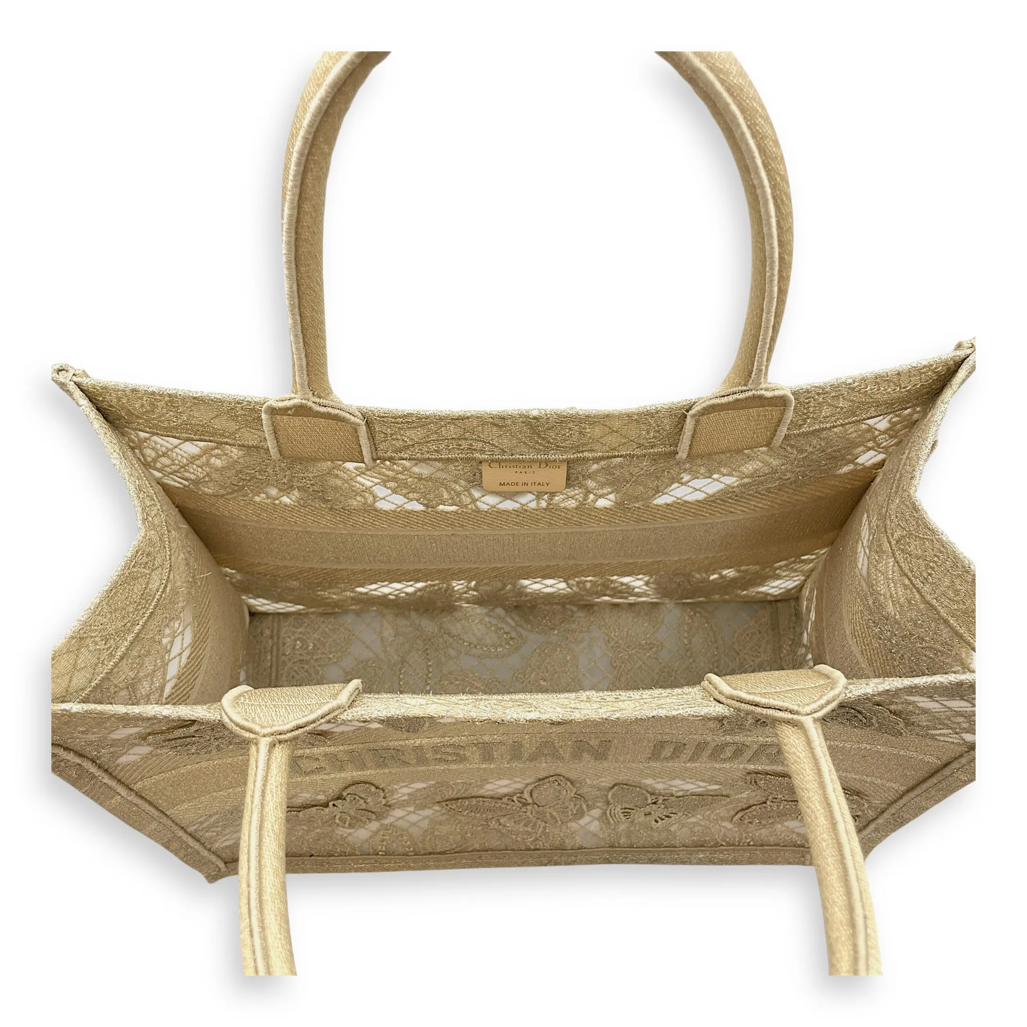 Book Tote - Butterfly Embroidery Medium Gold Top Handle Bag in Lace, Embroidered Mesh