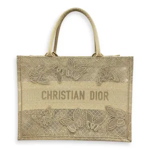 Book Tote - Butterfly Embroidery Medium Gold Top Handle Bag in Lace, Embroidered Mesh