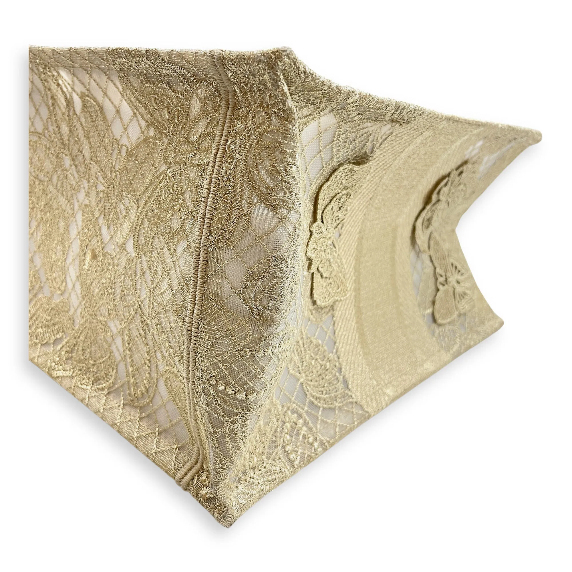 Book Tote - Butterfly Embroidery Medium Gold Top Handle Bag in Lace, Embroidered Mesh