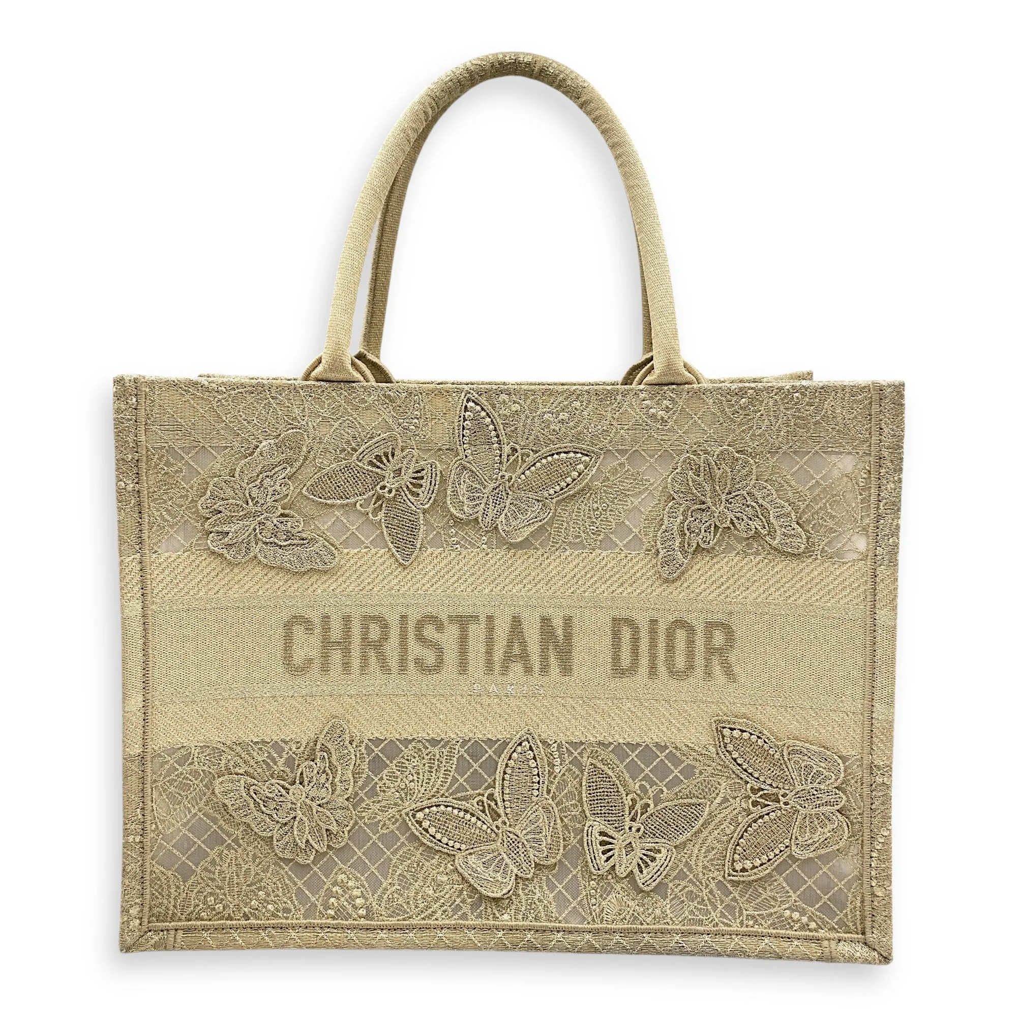 Book Tote - Butterfly Embroidery Medium Gold Top Handle Bag in Lace, Embroidered Mesh