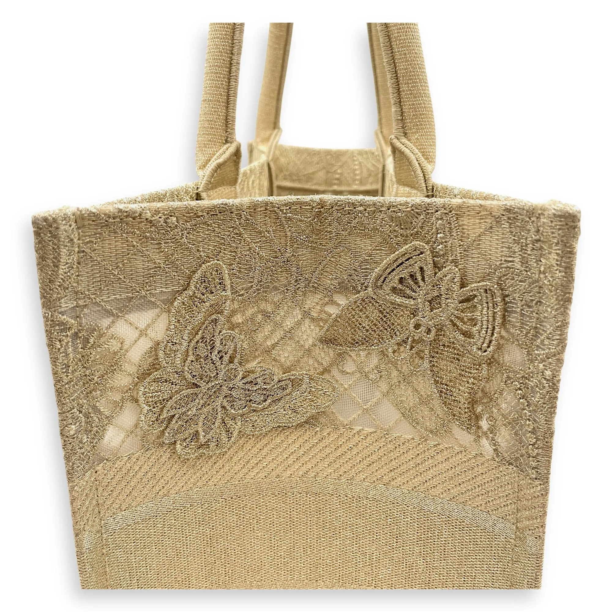 Book Tote - Butterfly Embroidery Medium Gold Top Handle Bag in Lace, Embroidered Mesh