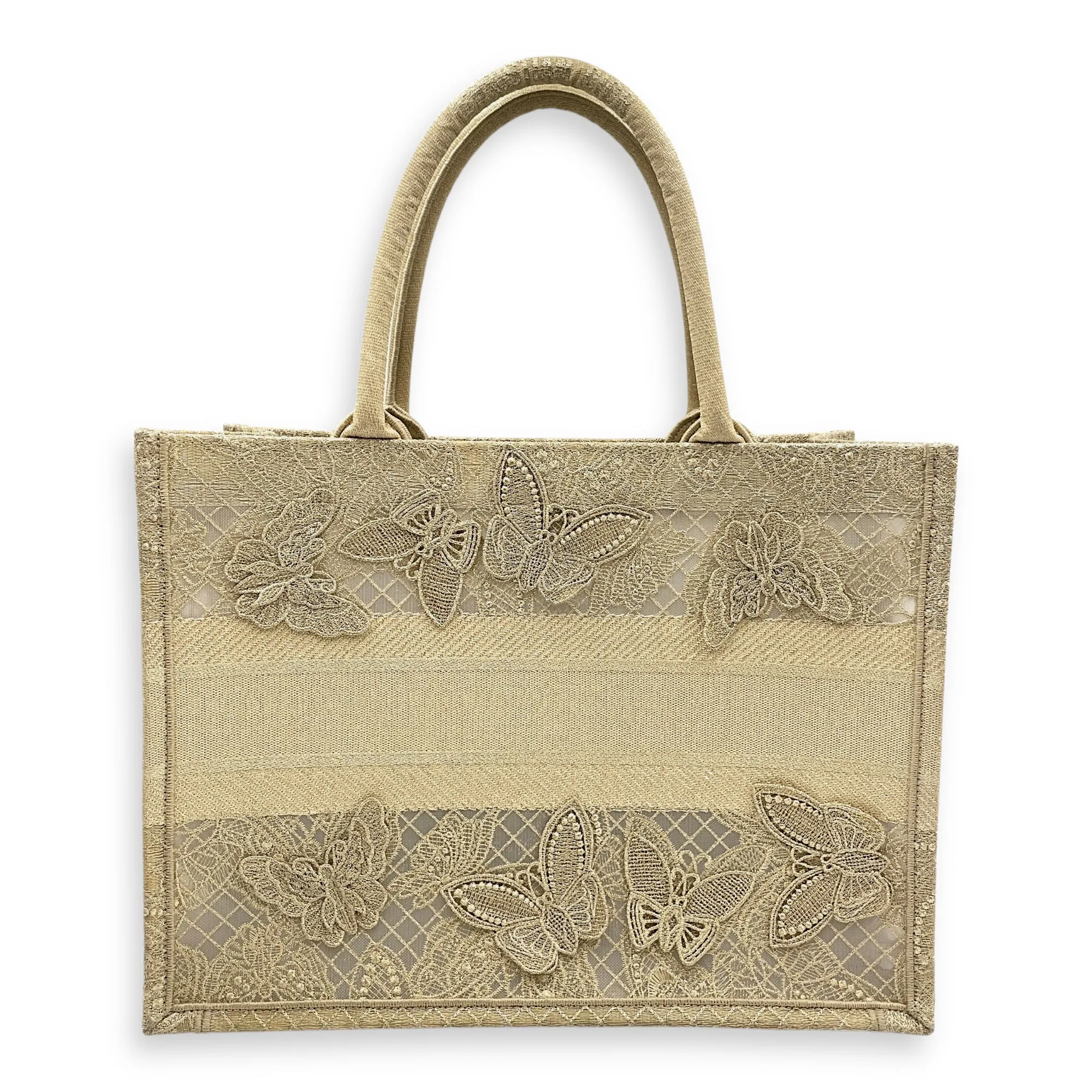 Book Tote - Butterfly Embroidery Medium Gold Top Handle Bag in Lace, Embroidered Mesh