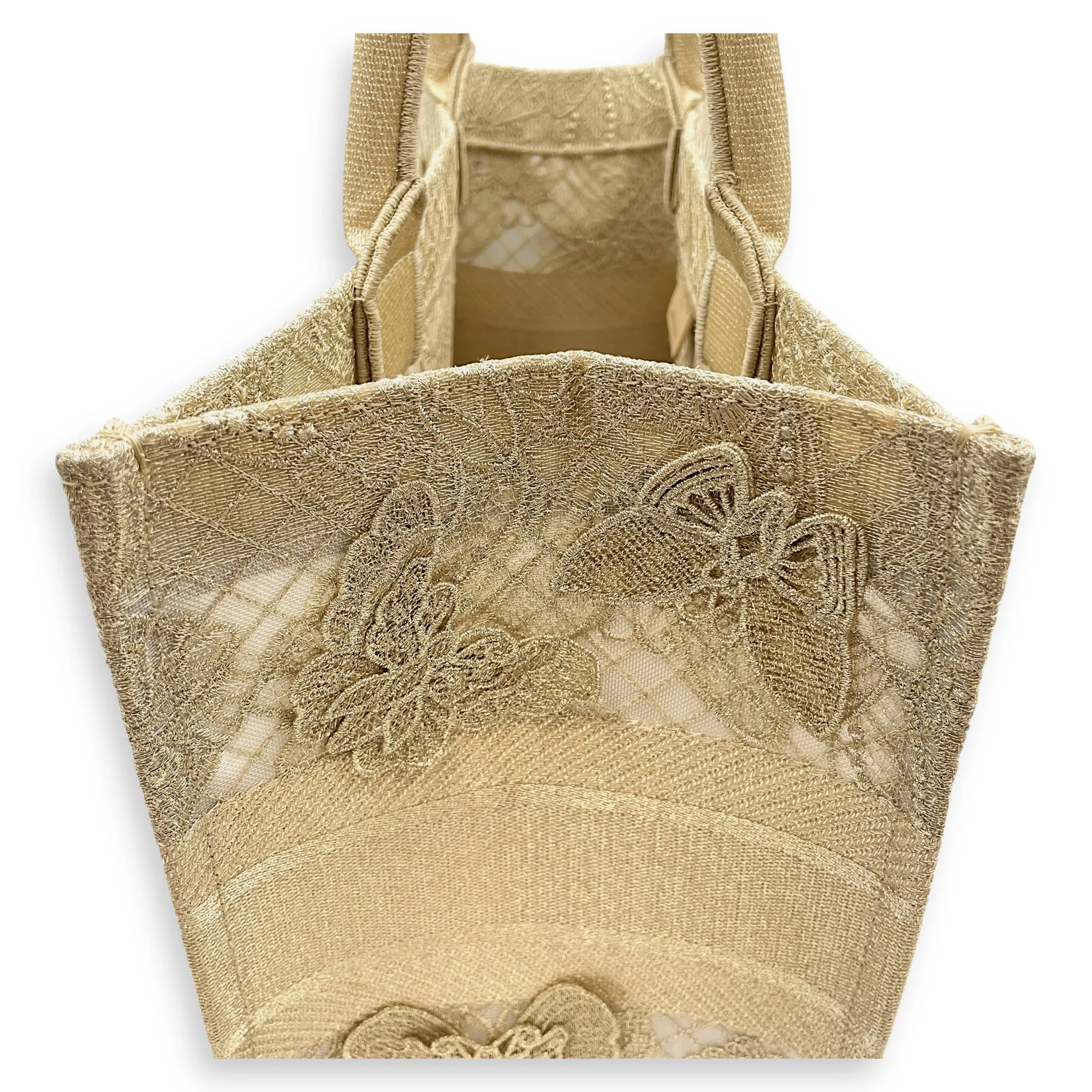 Book Tote - Butterfly Embroidery Medium Gold Top Handle Bag in Lace, Embroidered Mesh
