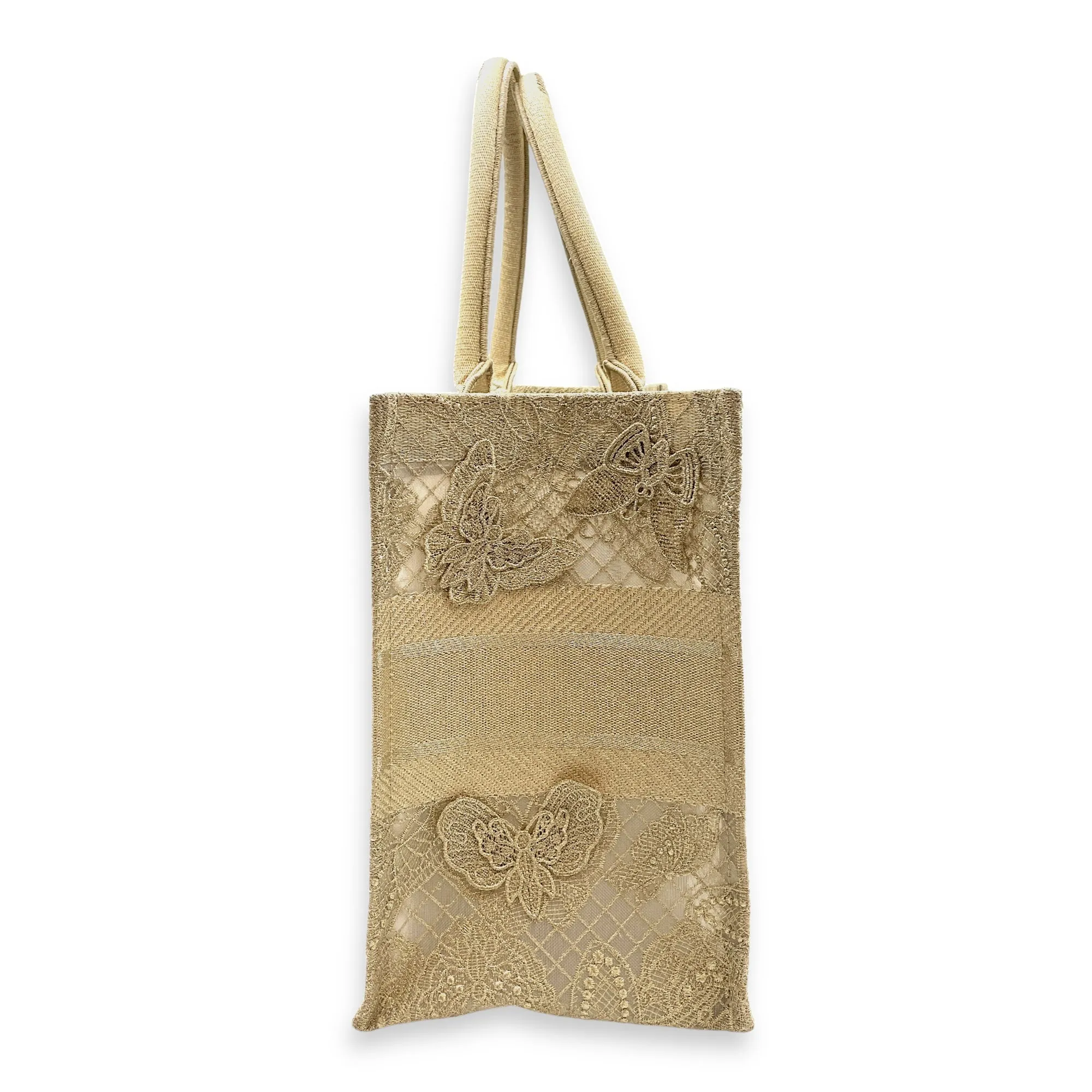 Book Tote - Butterfly Embroidery Medium Gold Top Handle Bag in Lace, Embroidered Mesh