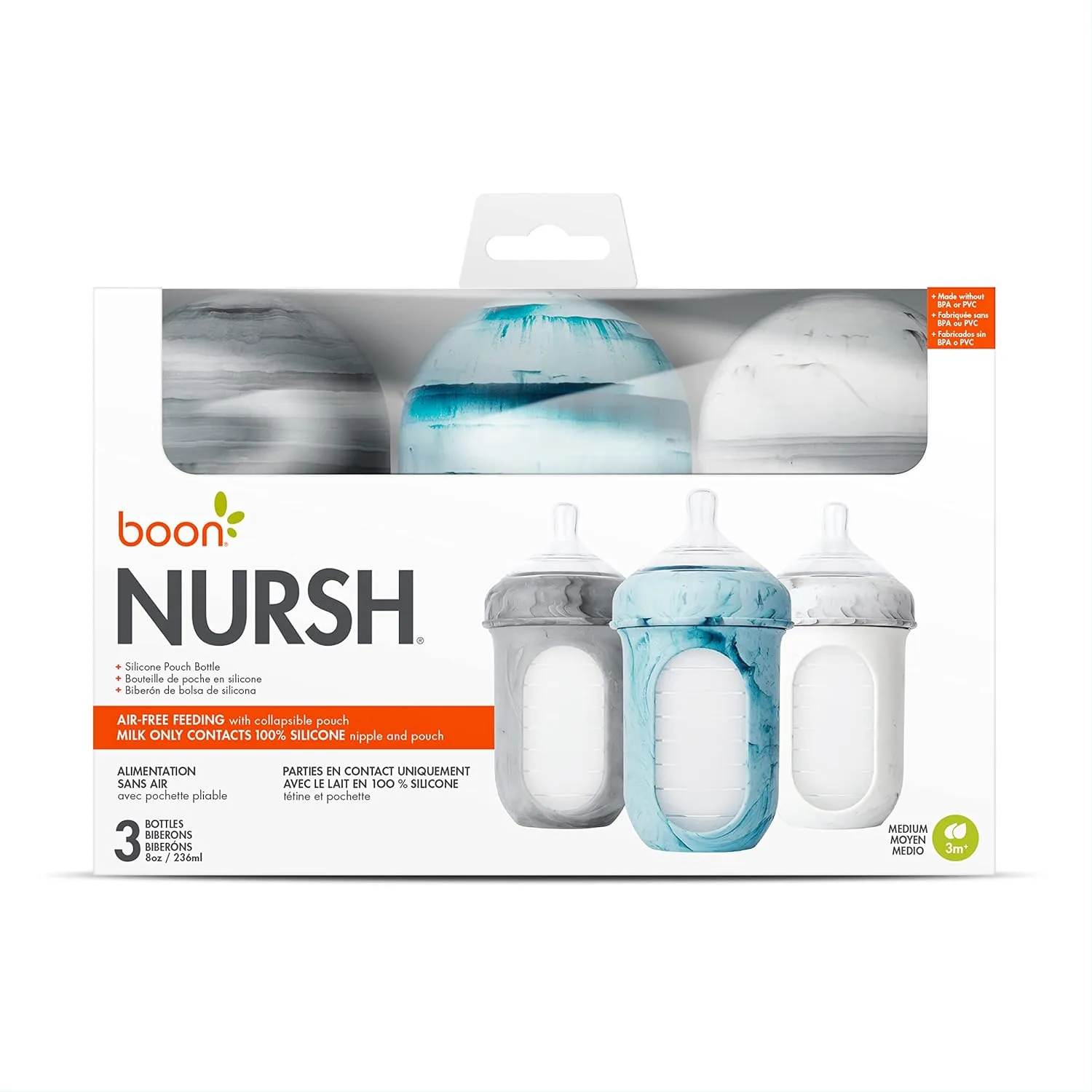Boon Nursh Reusable Silicone Pouch Baby Bottles - Medium Flow Nipple - Silicone Baby Bottle Pouch and Nipple - Baby Feeding Essentials - Tie Dye - 3-6 Months - 3 Count - 8 Ounce