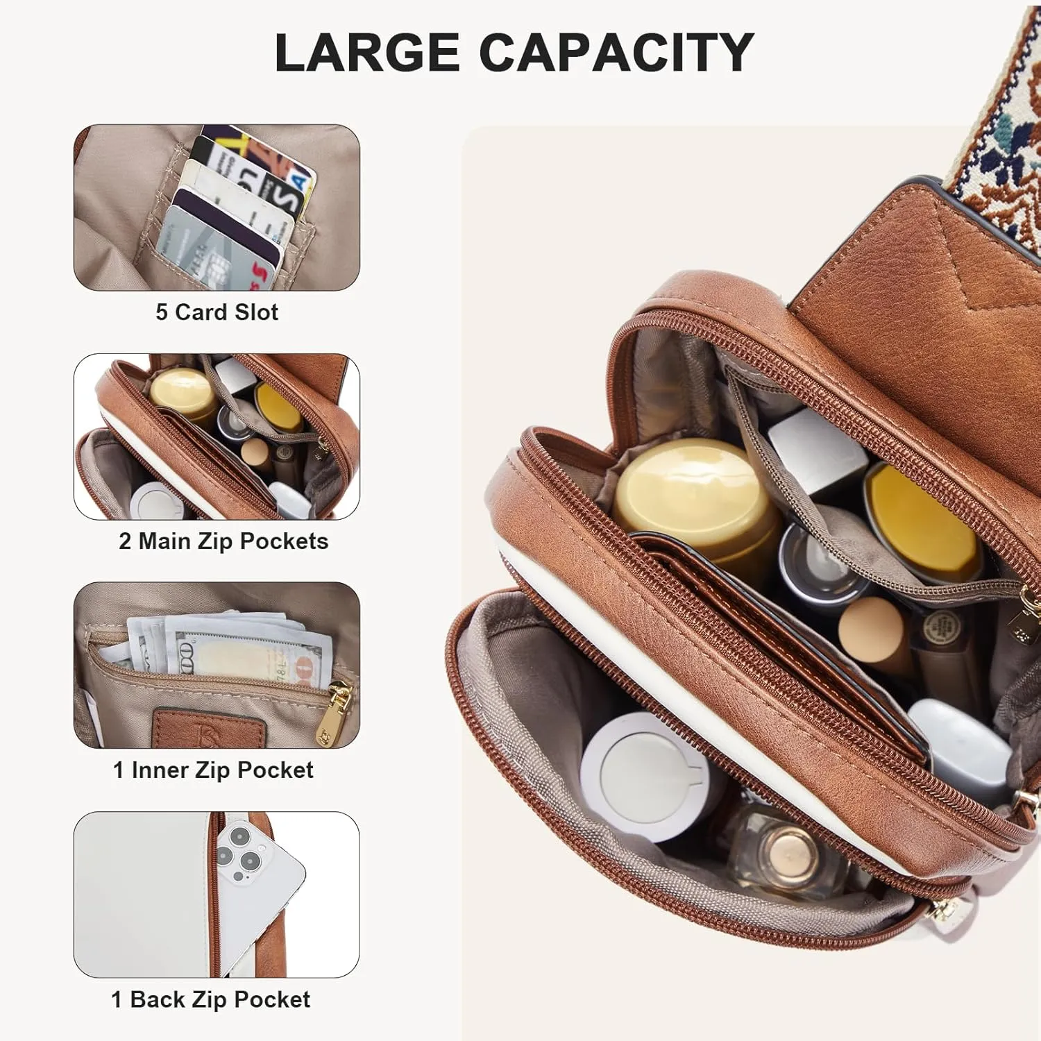 BOSTANTEN Sling Bag Quilted Crossbody Bags for Women Cross Body Purse Leather Fanny Pack with Adjustable Guitar Strap