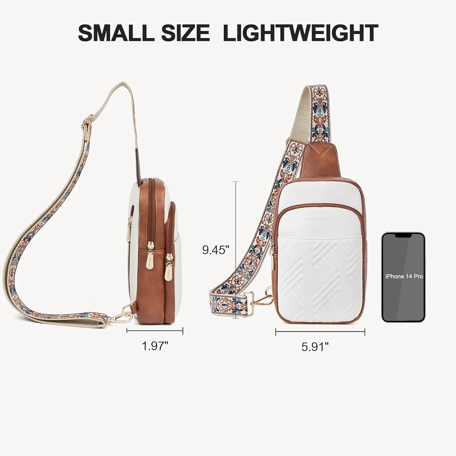 BOSTANTEN Sling Bag Quilted Crossbody Bags for Women Cross Body Purse Leather Fanny Pack with Adjustable Guitar Strap