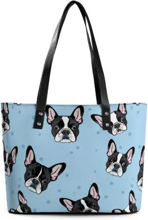 Boston Terrier Dogs Women's Handbag Leather Tote Bag Shoulder Bag Causal Purse Shopping Bag