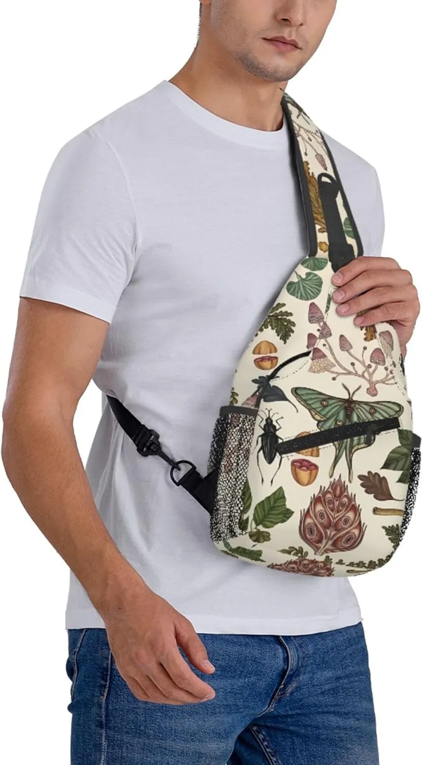 Botanical Mushroom Butterfly Sling Backpack Crossbody Bag, Chest Bag Daypack Fanny Pack Cross Body Bag for Outdoors Hiking Traveling