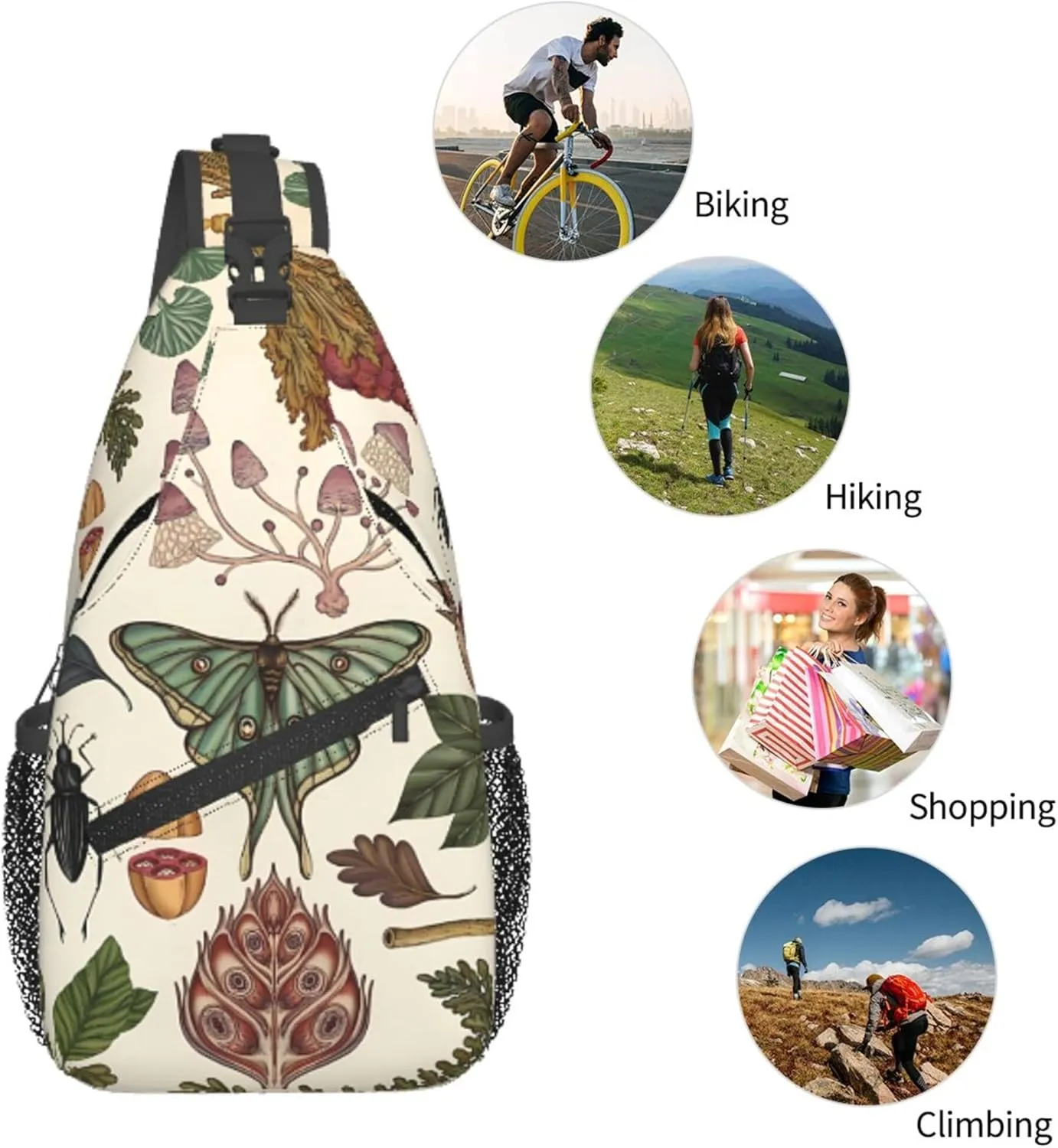 Botanical Mushroom Butterfly Sling Backpack Crossbody Bag, Chest Bag Daypack Fanny Pack Cross Body Bag for Outdoors Hiking Traveling