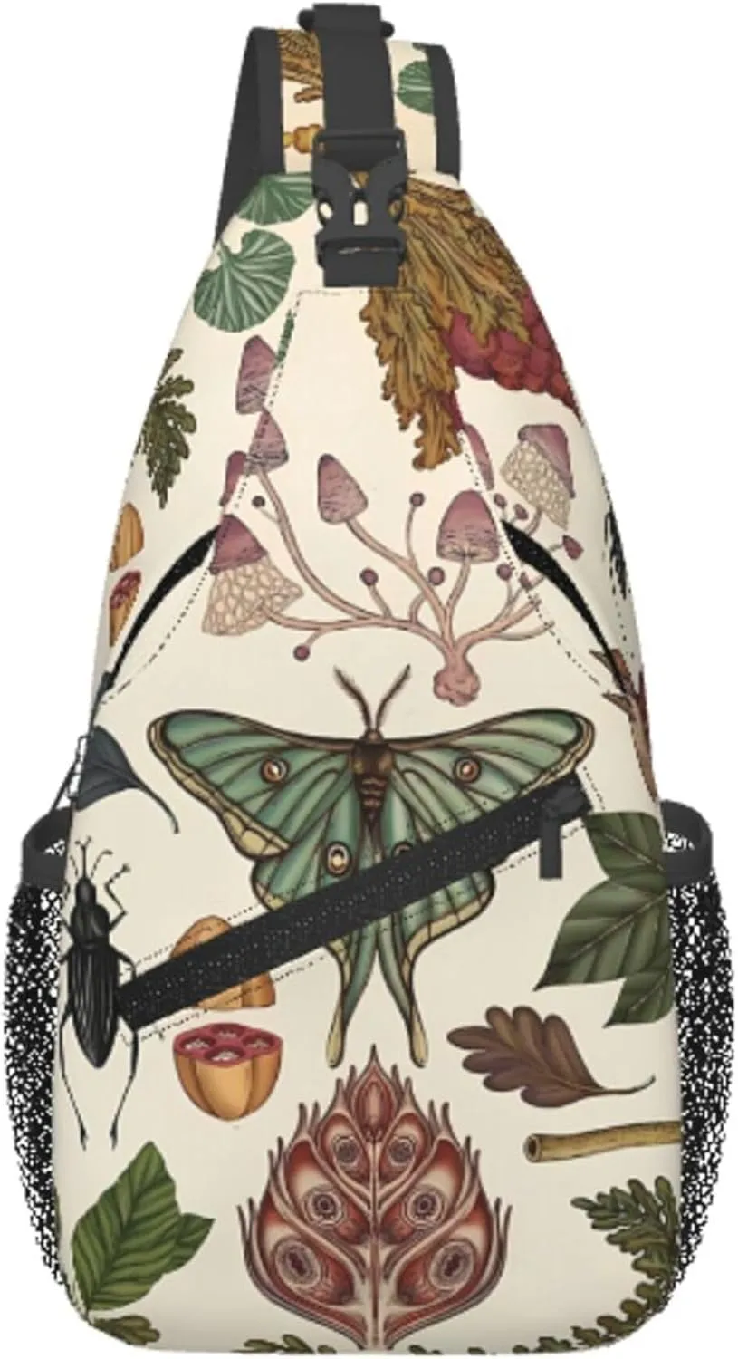 Botanical Mushroom Butterfly Sling Backpack Crossbody Bag, Chest Bag Daypack Fanny Pack Cross Body Bag for Outdoors Hiking Traveling