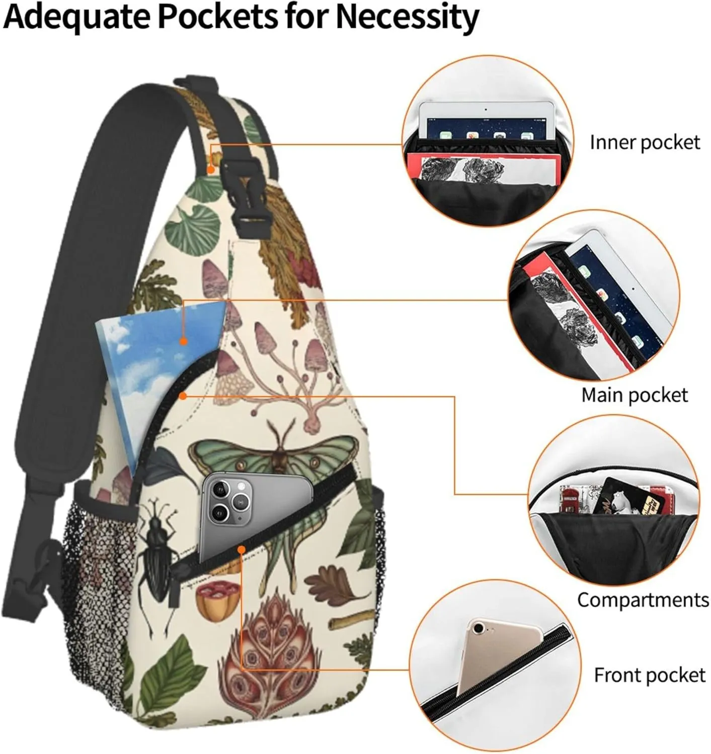 Botanical Mushroom Butterfly Sling Backpack Crossbody Bag, Chest Bag Daypack Fanny Pack Cross Body Bag for Outdoors Hiking Traveling