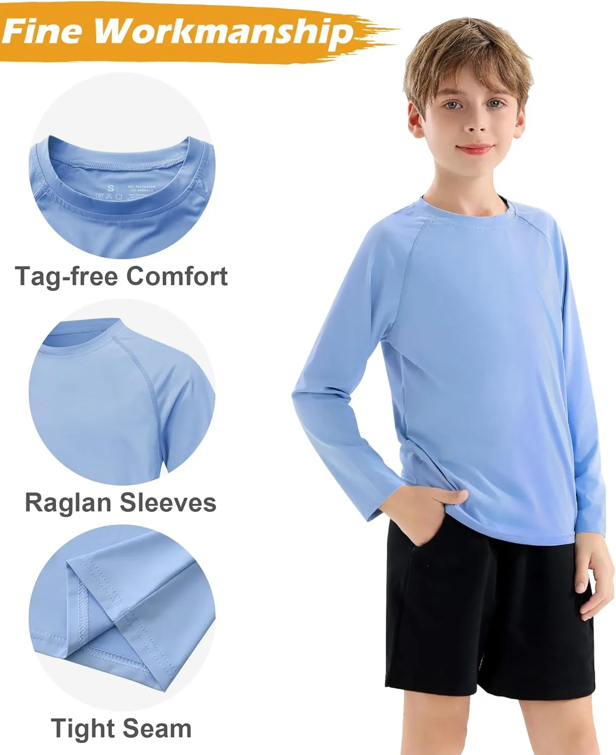 Boys Swim Shirt UPF 50  Kids Rash Guard Long Sleeve 3 Pack Youth Sun UV Protection SPF Water Fishing Top Shirts 5-18Y