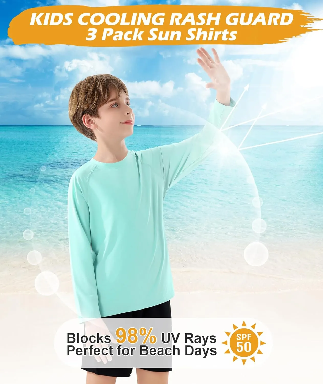 Boys Swim Shirt UPF 50  Kids Rash Guard Long Sleeve 3 Pack Youth Sun UV Protection SPF Water Fishing Top Shirts 5-18Y