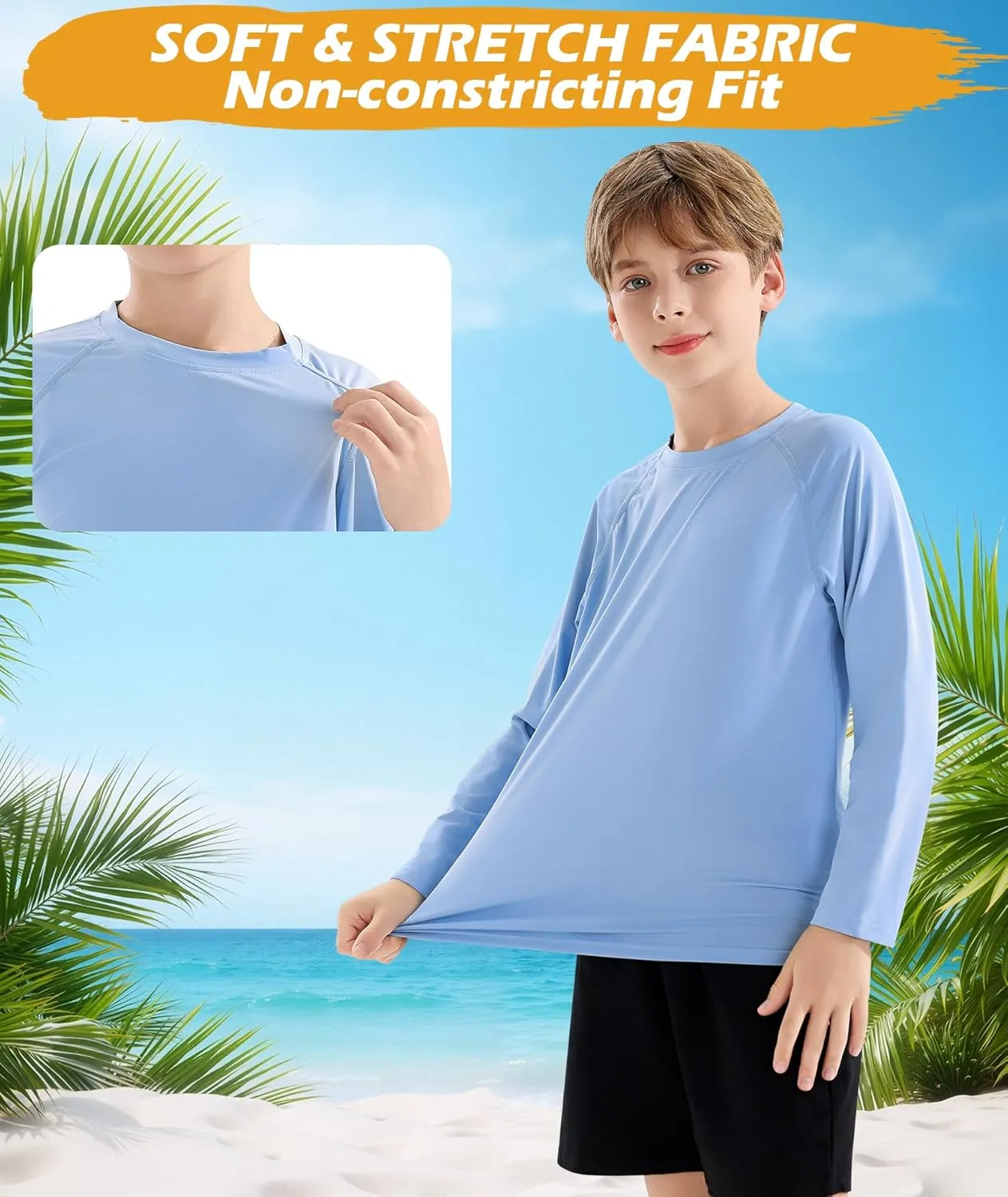 Boys Swim Shirt UPF 50  Kids Rash Guard Long Sleeve 3 Pack Youth Sun UV Protection SPF Water Fishing Top Shirts 5-18Y