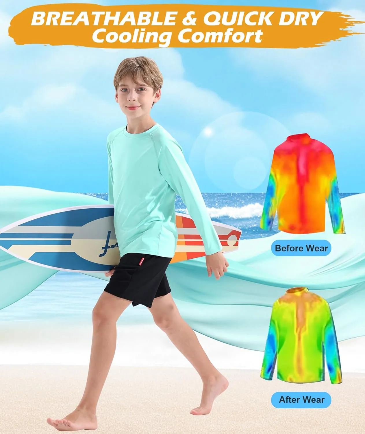 Boys Swim Shirt UPF 50  Kids Rash Guard Long Sleeve 3 Pack Youth Sun UV Protection SPF Water Fishing Top Shirts 5-18Y