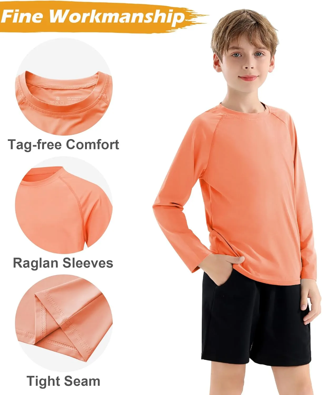 Boys Swim Shirt UPF 50  Kids Rash Guard Long Sleeve 3 Pack Youth Sun UV Protection SPF Water Fishing Top Shirts 5-18Y
