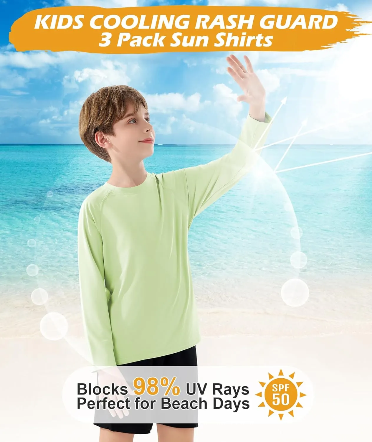 Boys Swim Shirt UPF 50  Kids Rash Guard Long Sleeve 3 Pack Youth Sun UV Protection SPF Water Fishing Top Shirts 5-18Y