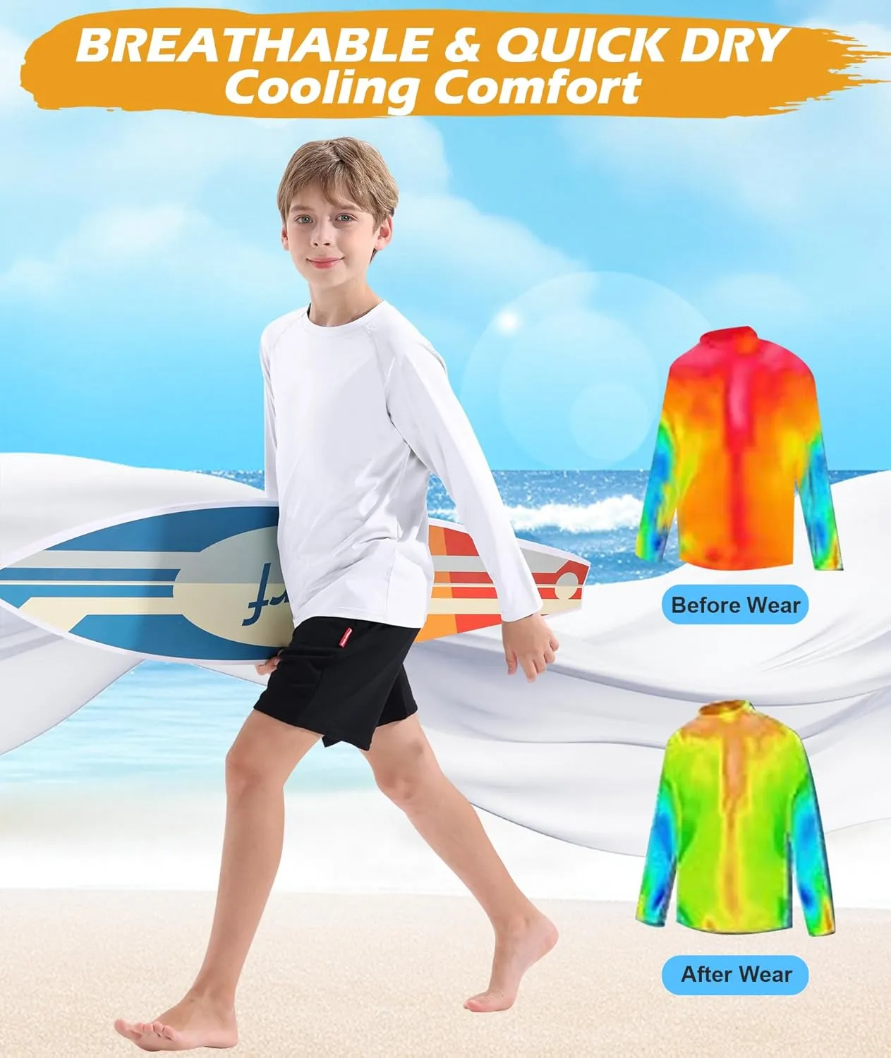 Boys Swim Shirt UPF 50  Kids Rash Guard Long Sleeve 3 Pack Youth Sun UV Protection SPF Water Fishing Top Shirts 5-18Y