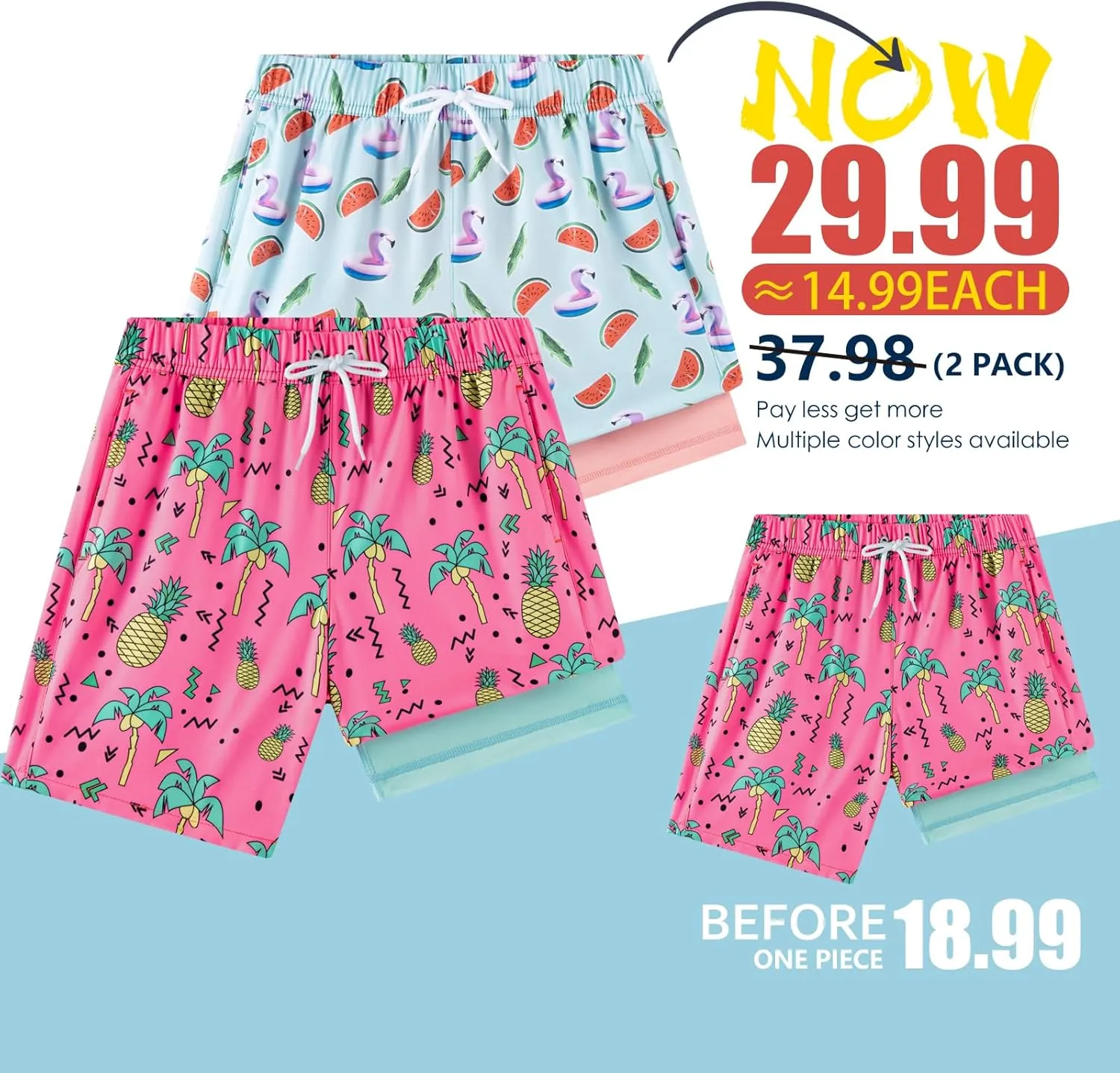 Boys Swim Trunks 2 Pack, Bathing Suit with Compression Liner, UPF 50 , Beach Shorts for 5-16 Years