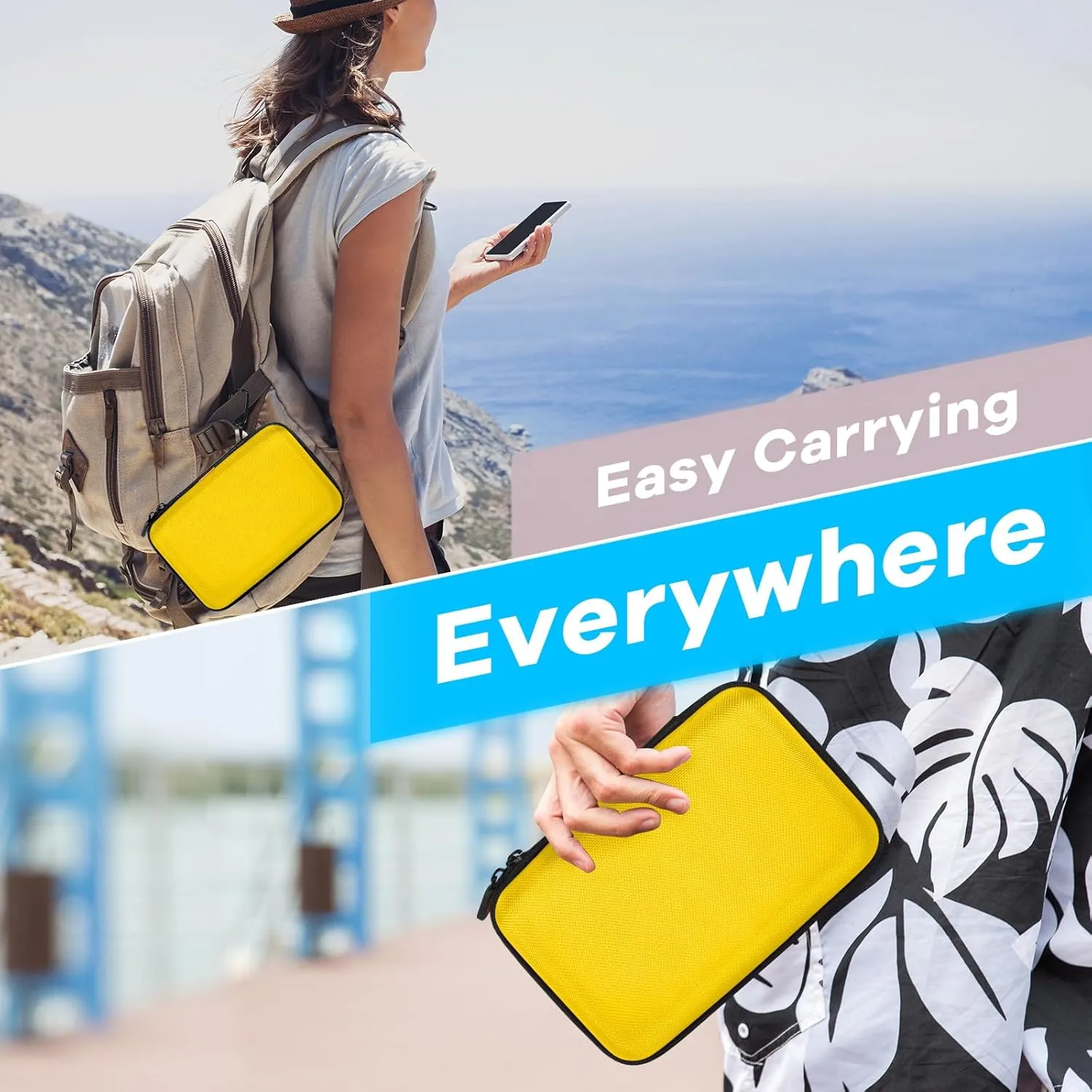 Bright Yellow Hard Shell Electronic Organizer Carrying Case - Shockproof Large Storage Case for Hard Drive, Phone, Power Bank, Charger, Earbuds - Zipper Pouch Gadget Bag for Business, School, Travel