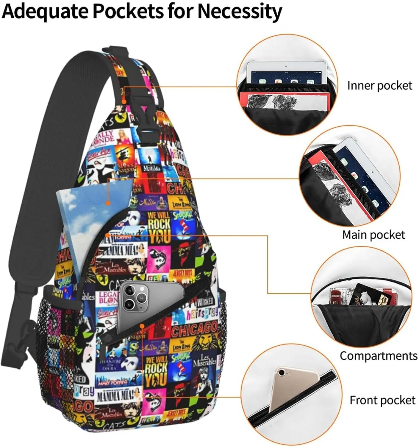 Broadway Musical Sling Backpack Crossbody Sling Bag, Shoulder Bags Chest Bag Daypack Fanny Pack Cross Body Bag For Women Men