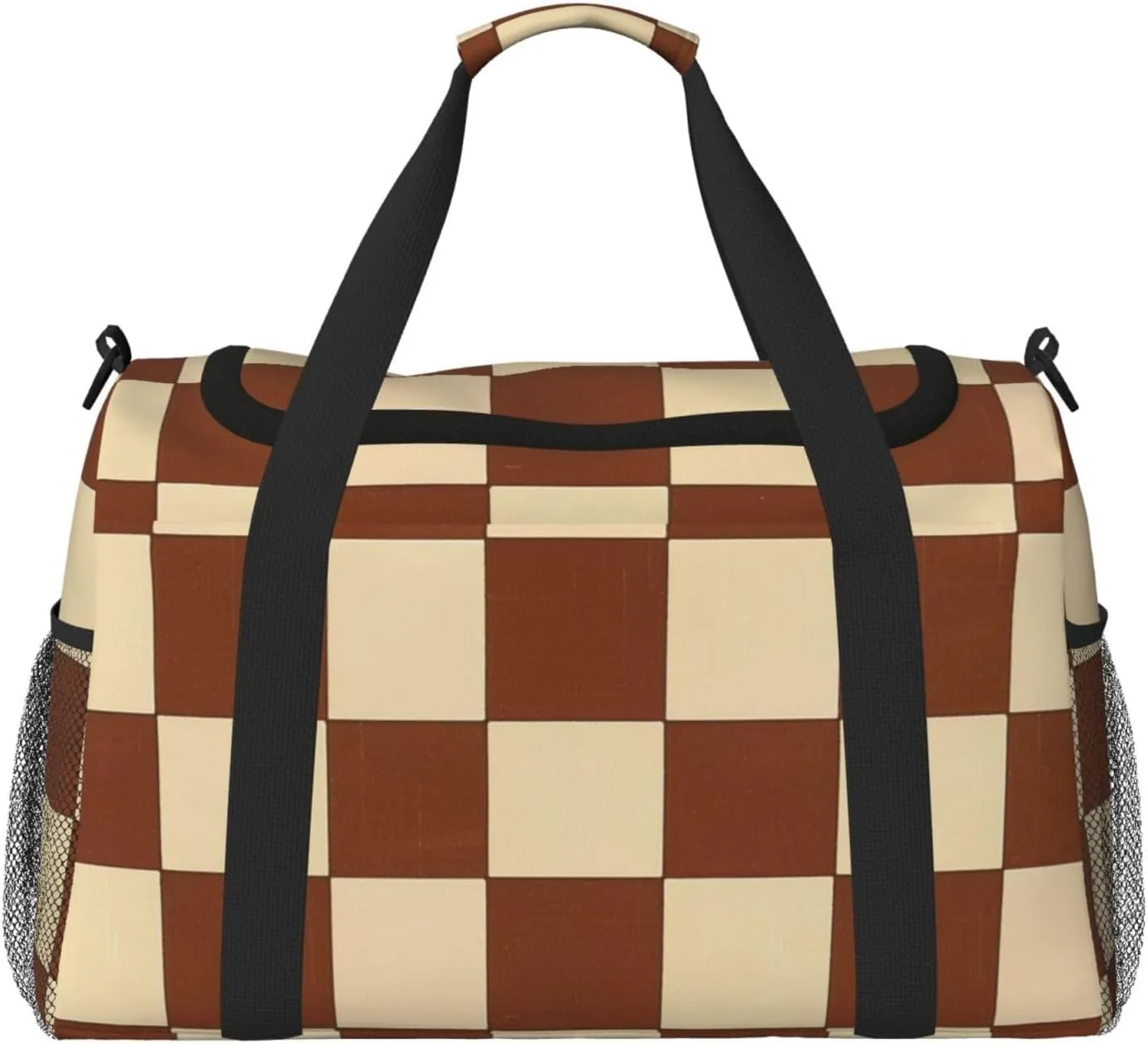Brown Beige Checkered Duffle Bag Foldable Travel Tote Bag Carry On Large Weekender Overnight Bags Waterproof Gym Bag For Women Men